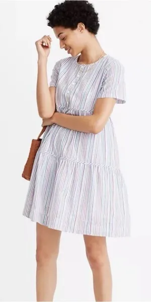 Madewell Pastel Multi-Stripe Short-Sleeve Tiered Mini Dress thumbnail 1