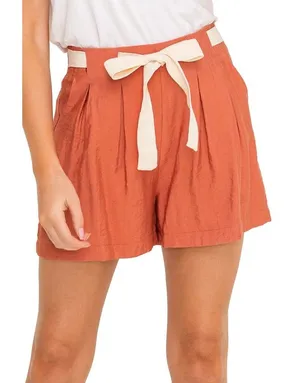 All in Favor Front Tie Pleated Terracotta Shorts thumbnail 1
