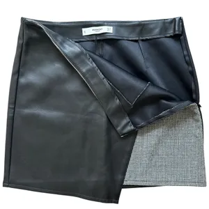 Mango Retro Asymmetrical Micro Mini Skirt 6 Black Faux Leather Houndstooth Tweed thumbnail 3