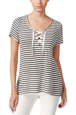 NWT Freshman Juniors Knit Striped Lace-Up T Shirt Top Black / White XL thumbnail 1