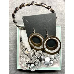 Faceted clear bead necklace, Silver & Black‎ bangle bracelet and dangle earrings thumbnail 2