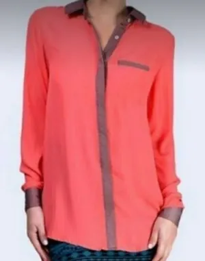 Free People sheer coral satin finish trim button down long sleeve shirt top sz L thumbnail 1