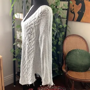 Free People Minty Blue Open Crochet Knit Long Sleeve V-neck Boho Hippie Sweater thumbnail 2