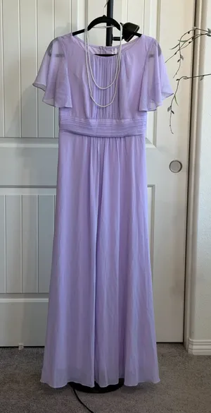 Lavender Chiffon Maxi Dress Flutter Short Sleeve Formal Gown with Pearl Necklace for Wedding Party Evening thumbnail 1