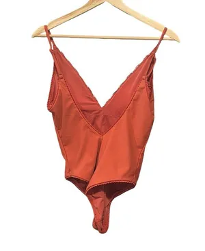 Aerie Crochet Lace Trim V Neck Back High Cut One Piece Swimsuit Rust Orange M thumbnail 5