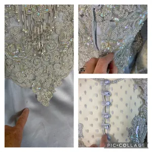 1990s Vintage Ice Blue Beaded Formal Gown Sheer Lace Bodice Custom S-M thumbnail 12