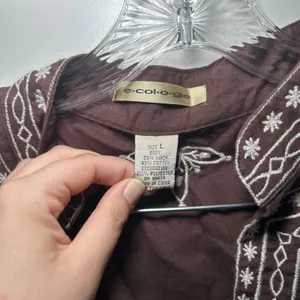 E.col.o.gie Brown Linen Cotton Embroidered Tunic Top Women Large Split Neck L thumbnail 3