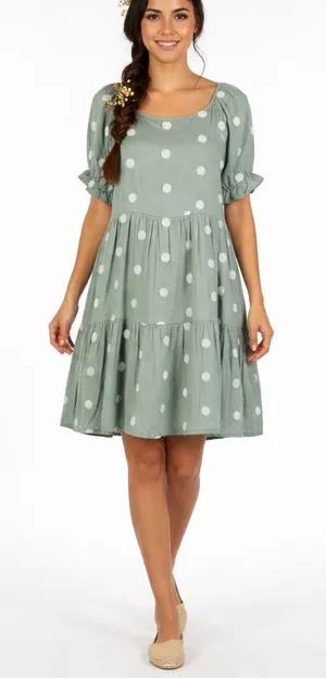 Blu Pepper Womens Babydoll Polka Dot Tiered Dress Size L Sage Green Cottagecore thumbnail 1