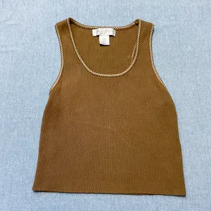 Caroline Constas New York Ribbed Checkered Trim Tank Size XS in Brown thumbnail 2