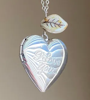 Handmade “I love you” stainless steel heart locket charm & Czech glass necklace 🍃🩵 thumbnail 3