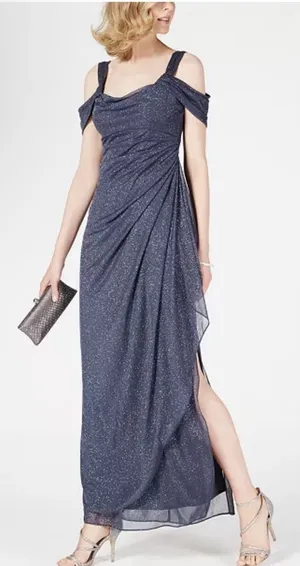 Alex Evenings Cold-Shoulder Draped Metallic Gown - Smoke Size 6 Sparkle thumbnail 1