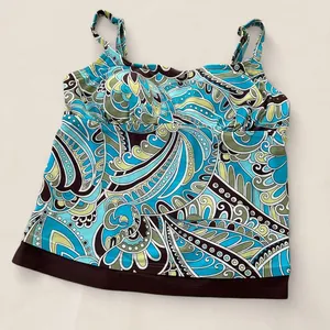Source Unknown Y2K Blue Brown paisley boho retro print cami tankini top| size 10 Medium thumbnail 2