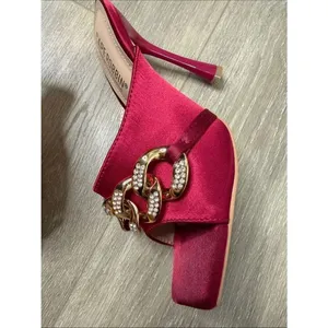 Cape Robbin Disteny Brick Red Satin Slide Mules with Gold Crystal Chain thumbnail 9