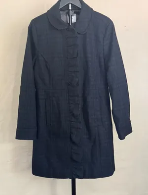Title: Old Navy L Blue Black Plaid Wool Blend Ruffle Placket Long Coat MSRP $80 thumbnail 1