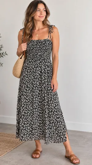 Madewell Black White Abstract Petal Smocked Tie Strap Midi Dress 8 Cottagecore thumbnail 1
