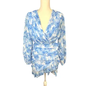 Showpo blue floral long sleeve mini dress wedding spring feminine ruffle thumbnail 2