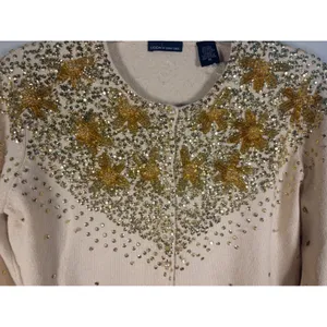 Moda International Cardigan Womens M Beige Silk Sequin Beaded Star thumbnail 11