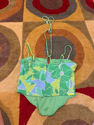 Sky To Moon Corset Top Spaghetti Strap / Halter Tie Blue Green Yellow Floral M thumbnail 2