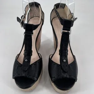 Coach Gala Black Leather Wedges Espadrille Wood Size 10 Peep toe T Strap Sandals thumbnail 2