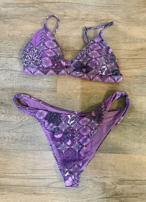 Purple Paisley Patchwork Triangle Bikini Set High Cut Two Piece Swimsuit Womens thumbnail 1