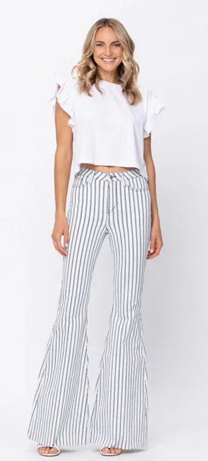Judy Blue high-waist white blue pinstripe super flare jeans raw hem size 30. thumbnail 1