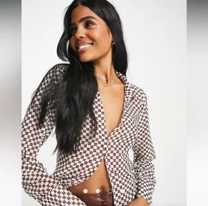Abercrombie & Fitch Sheer Mesh Brown Checkered Blouse Long Sleeve Button Up Top thumbnail 2