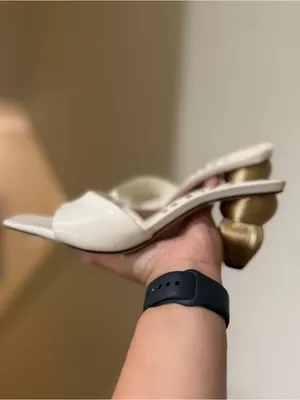 Zara White Women's Open-Toe Heeled Sandals with Sculpted Gold Heel thumbnail 5
