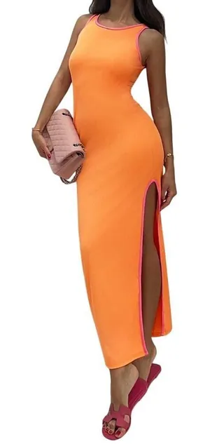 Colorblock Side Split Sleeveless Dress With Contrast Trim in Orange, Size M​​​ thumbnail 1