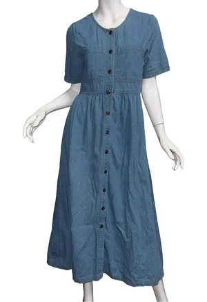 Vintage 90s‎ Denim Button Down Midi Dress Cottagecore Minimalist Prairie Western thumbnail 1