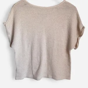 Cream Waffle Knit V Neck Top Short Sleeve Cuffed Thermal Shirt Sz L thumbnail 2