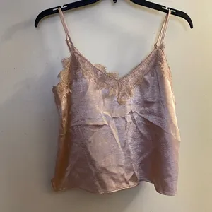 Forever 21 Womens Tank Top Camisole S Small Beige Brown Silky Lace V Neck Trim thumbnail 1