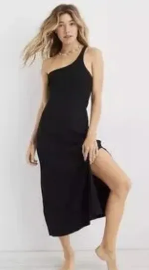 Aerie black one shoulder ribbed midi dress size small thumbnail 1