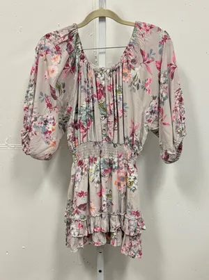 Here Comes the‎ Sun Floral Romper Small Pink Smocked Waist Ruffle Hem Small Boho thumbnail 1
