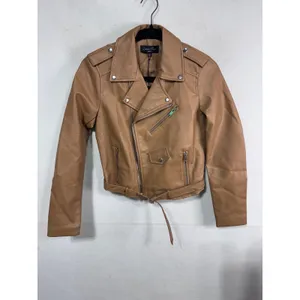 Women's Love Tree Faux Leather Moto Jacket Camel‎ Belted Biker Minimalist S New thumbnail 6
