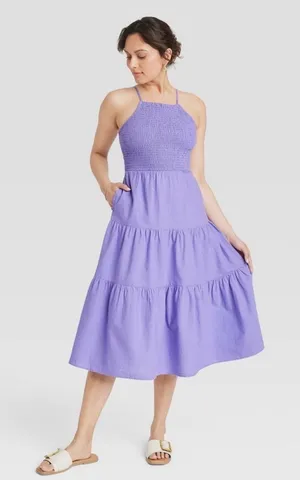 Universal Thread Purple Smocked Tiered Midi Dress‎ Back Cutout Womens Size M thumbnail 1
