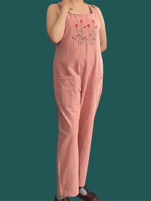 Pink overalls with floral embroidery. thumbnail 2