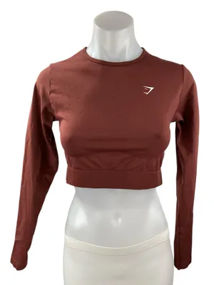 Gymshark Brown Long Sleeve Crew Neck Logo Yoga Workout Athletic Crop Top Size M thumbnail 1