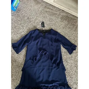 NWT Women’s Cherfly Navy Blue‎ Swing Dress ruffles short sleeves size medium thumbnail 3
