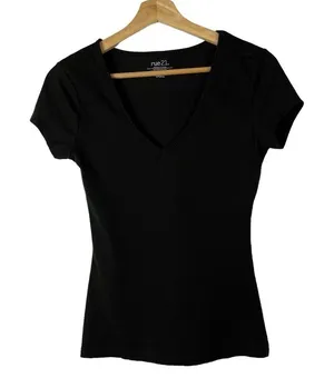 Rue 21 Black Ribbed V-Neck Short Sleeve Fitted Tee S‎ thumbnail 1