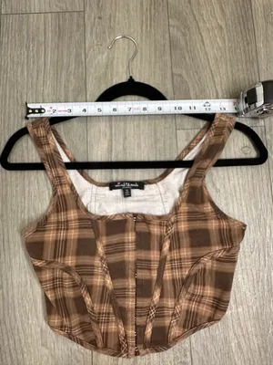 Brown Plaid Crop Top Hook and Eye Front Size Small | Grunge thumbnail 6