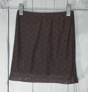 Peppermayo Abbie Print Mesh Y2K Style Bodycon Mini Skirt Chocolate Monogram thumbnail 1