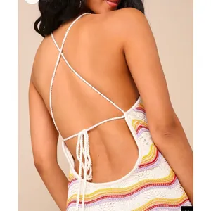Lulus Natural Bliss NWT Ivory Striped Crochet Lace Up Halter Midi Dress Medium thumbnail 4
