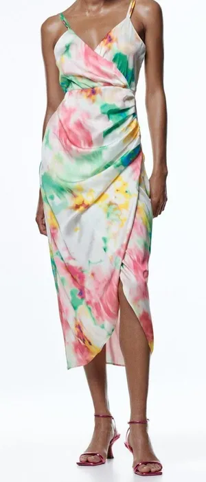 Zara NWT Womens XS Slip Sundress Asymmetrical Cowl Neck Floral Satin Sleeveless thumbnail 1