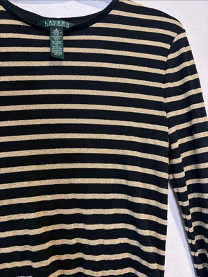 Lauren Ralph Lauren Black & Metallic gold Striped long sleeve Top small thumbnail 3