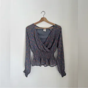 Japna Floral V Neck Shirt Smocked Waist Long Sleeve Womens Blouse thumbnail 6