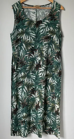 Notations Vintage Tropical Leaf Print Maxi Dress Sleeveless Green Rayon Size XL thumbnail 1