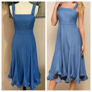 NWOT Lulus Darling Time Blue Chambray Handkerchief Midi Dress With Pocke… thumbnail 2