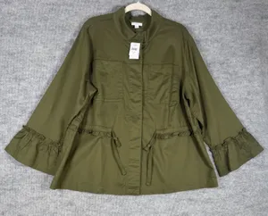 J. Jill Size-2X Women Utility Jacket Olive Green Ruffle Cotton Tencel thumbnail 1