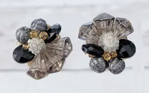 Vintage Clip On Earrings Unusual Dark Tones Cluster Large Statement thumbnail 1