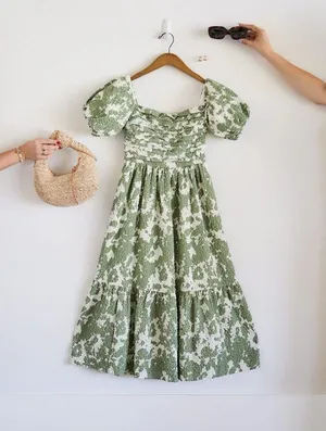 Abercrombie & Fitch Green Puff Sleeve Floral Midi Dress thumbnail 1